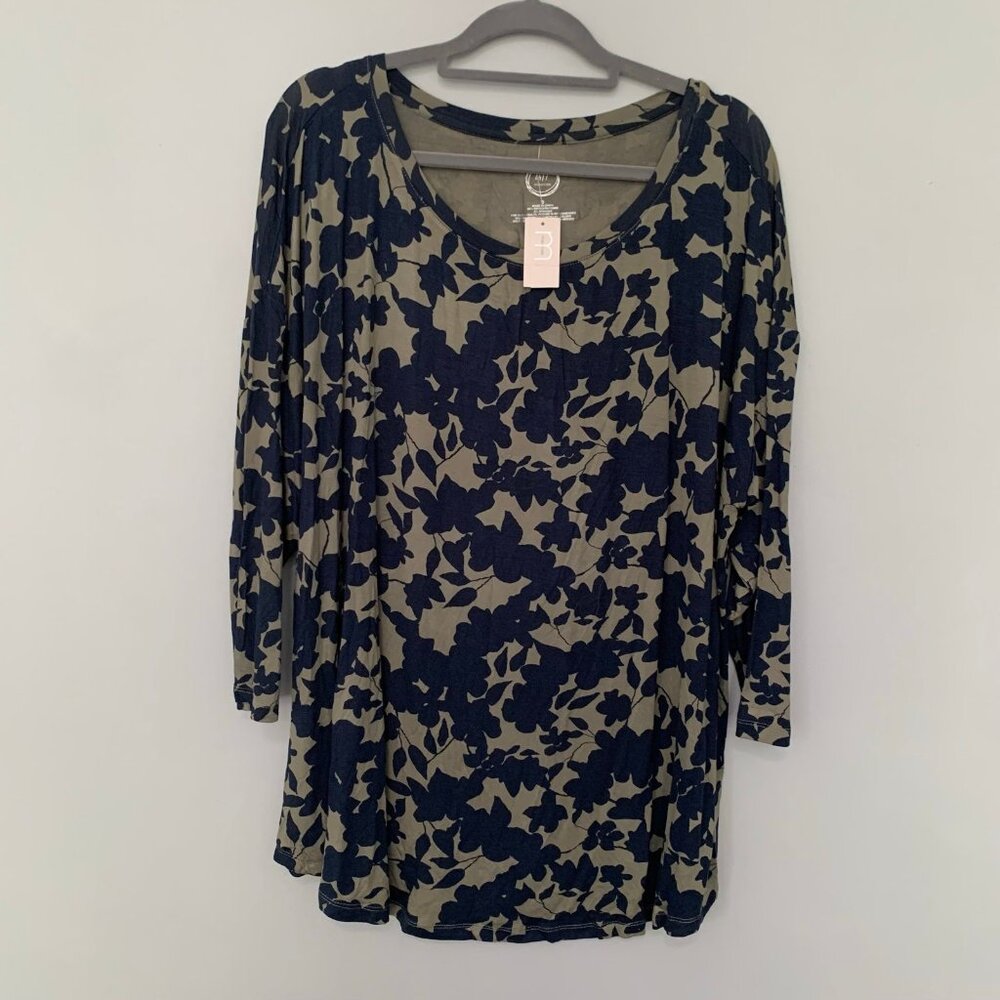 NEW Maurices 24/7 Floral Tunic Top Women Size 3 Olive Green‎ Navy 3/4 Sleeve